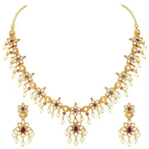 Aheli Faux Kundan and Simulated Red and Green Stone Ethnic Indian Wedding Necklace Earring Jewelry Set for Women