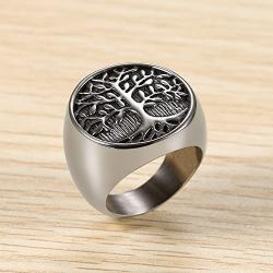 Flongo Mens Religious Stainless Steel Vintage Life Tree Band Ring, Christmas Wedding Band, Anniversary Tree of Life Valentine Gift Turkish Jewelry Men Ring