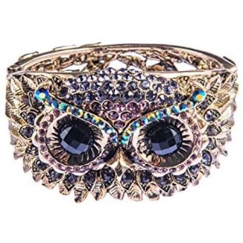 Alilang Owl Face Bracelet Antique Bird Crystal Rhinestone Costume Cuff Bangle