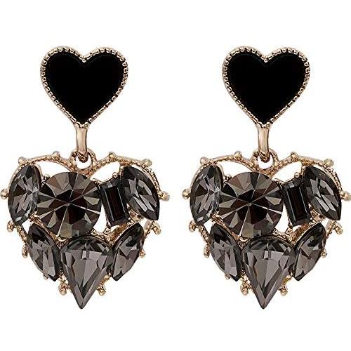 ZHUPI Crystal Trendy Stud Earrings Jewelry Heart Earrings Black Rhinestone Drop Dangle Long Earrings, Fashion Jewelry for Women Girls