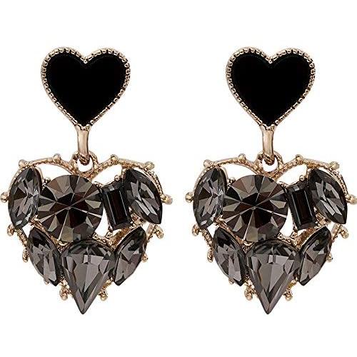 ZHUPI Crystal Trendy Stud Earrings Jewelry Heart Earrings Black Rhinestone Drop Dangle Long Earrings, Fashion Jewelry for Women Girls