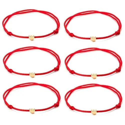 18K Gold Plated Heart String Bracelets For Women Men Teen Girls Boys Adjustable Hand-woven Nylon Red Black Rope Cord Thread Gift Minimalist Jewelry, 2/6pcs
