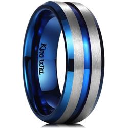 King Will DUO 8MM Brushed Matte Titanium Ring Blue Thin Groove Comfort Fit Wedding Band For Men