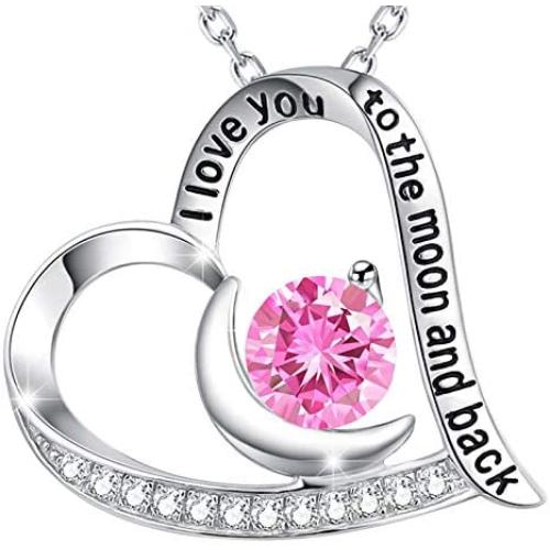 Mothers Day Birthday Gifts for Mom I Love You to the Moon and Back April May Birthstone Necklace Simulated Diamond Emerald Pearl and More stones Necklace for Her Sterling Silver
