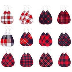 Buffalo Plaid Teardrop Dangle Earring Christmas Faux Leather Earrings Lightweight Handmade Leather Drop Earring for Women Xmas Jewelry Holiday Decor Accessory