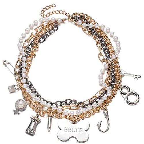 hanreshe Cosplay Costume Accessories Gold Layered Chain Choker Multi Charm Pendant Pearl Chain Bruce Necklace for Women Girls Handmade Boho Jewelry