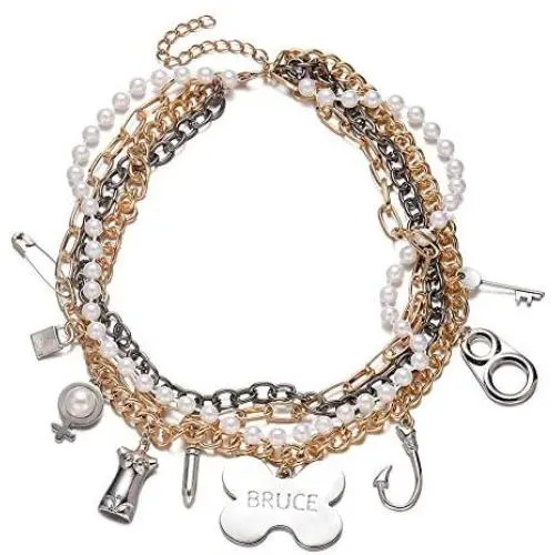 hanreshe Cosplay Costume Accessories Gold Layered Chain Choker Multi Charm Pendant Pearl Chain Bruce Necklace for Women Girls Handmade Boho Jewelry