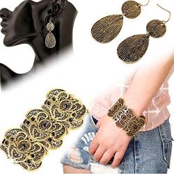 Amupper Metal Lace Bracelet and Earrings Set Bohemian Filigree Cuff Bangle Antique Jewelry for Womens Ladies