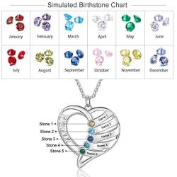 Personalized Mothers Name Heart Necklace with 1-5 Simulated Birthstones Jewelry for Women Mother’s Necklace with 1-5 Children Names
