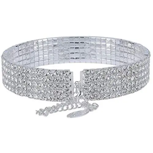 5-row Five Rows Clear White Austrian Rhinestone Crystal Choker Collar Necklace Dance Party Jewelry Wedding Prom N060 Silver