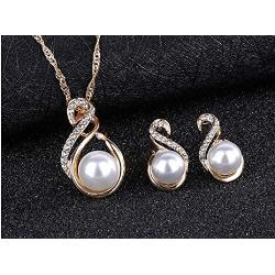 Weishu Artificial Pearl Cz Crystal Necklace Clavicle Chain Pearl Stud Earrings Set for Women Wedding Bridal Jewelry