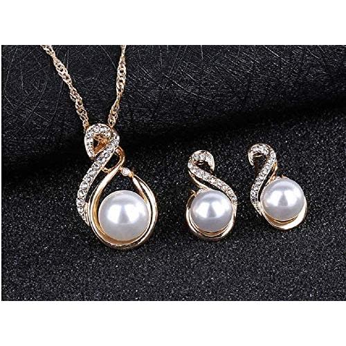 Weishu Artificial Pearl Cz Crystal Necklace Clavicle Chain Pearl Stud Earrings Set for Women Wedding Bridal Jewelry