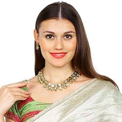 Saissa Gold Plated Metal Jadau Kundan Choker Indian Necklace Earrings Jewelry Set for Girls and Women