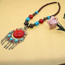 HSQYJ Fashion Wood Beaded Turquoise Pendant Necklace Retro Bohemian Necklaces Charm Pendant Boho Necklace for Women Girl Costume Jewelry