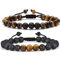 Tiger Eye Mens Bracelet Gifts - 8mm Tiger Eye Lava Rock Stone Mens Anxiety Bracelets, Stress Relief Adjustable Tiger Eye Bracelet Aromatherapy Essential Oil Diffuser Lava Bracelet Gifts for Men