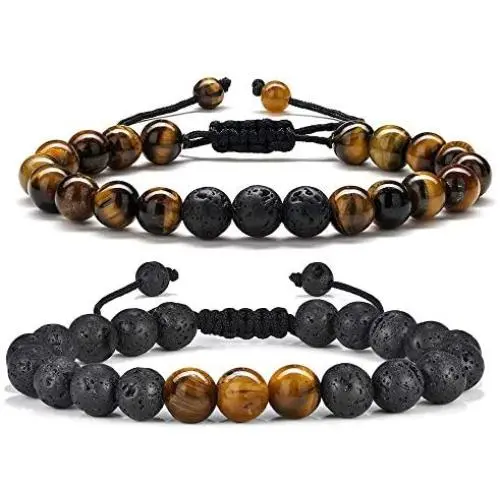 Tiger Eye Mens Bracelet Gifts - 8mm Tiger Eye Lava Rock Stone Mens Anxiety Bracelets, Stress Relief Adjustable Tiger Eye Bracelet Aromatherapy Essential Oil Diffuser Lava Bracelet Gifts for Men