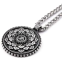 GUNGNEER Ohm Mandala Necklace Lotus Pendant Stainless Steel Meditation Strength Amulet Om Jewelry Gift Men Women