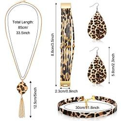 Hicarer 4 Pieces Leopard Print Jewelry Set Leopard Bracelet Faux Leather Earrings Choker Long Tassel Pendant Necklace for Women
