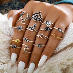 7-15pcs Silver Wave Star Moon Cute Knuckle Ring Sets for Women Teen Girls Vintage Boho Stackable Finger Toe Rings Pack