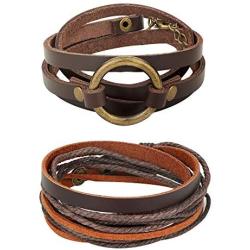 Jstyle 2Pcs Genuine Leather Bracelet for Men Women Unisex Multilayer Leather Adjustable Bracelet Cuff Wrap Rope Wristband Brown Bracelet