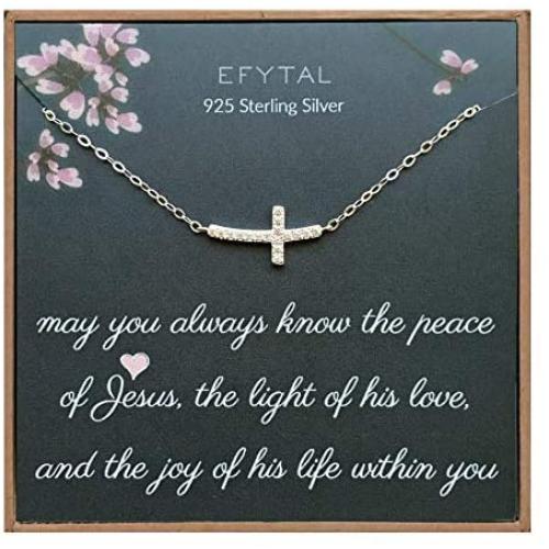 EFYTAL Small Cross Necklace for Women and Girls, Christian Gifts for Easter, First Communion, Confirmation, Baptism, Sterling Silver Sideways CZ, Tiny Pendant Jewelry, Religious Gift for Catholic Birthday