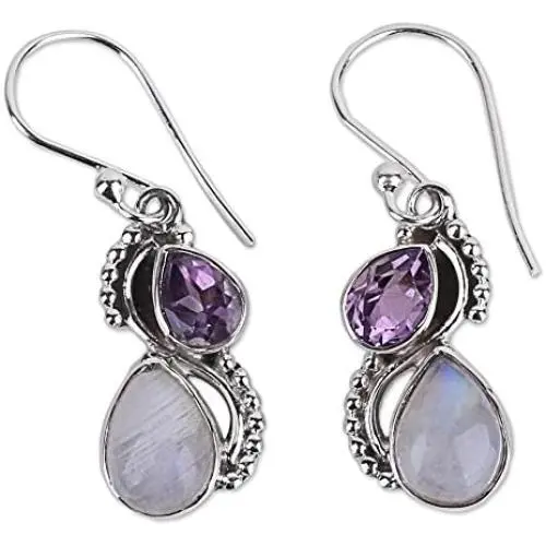 NOVICA Multi-Gem Rainbow Moonstone .925 Sterling Silver Dangle Earrings, Two Teardrops NOVICA Multi-Gem Rainbow Moonstone .925 Sterling Silver Dangle Earrings, Two Teardrops