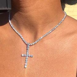 Gangel Silver Vertical Cross Tennis Necklace Glittering Chain Simple Fashion Pendant Exquisite Choker Elegant Refined Jewelry with Rhinestone for Prom Party Gifts for Women and Girls