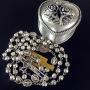 elegantmedical HANDMADE SILVER ROSE BEADS CATHOLIC Saint St Benedict ROSARY BLUE CROSS NECKLACE & NICE METAL JEWELLERY BOX
