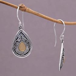 NOVICA 925 Sterling Silver Dangle Earrings with Yellow Gold-Plated Accents, Dewdrop Leaves