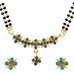 Efulgenz Indian Bollywood Traditional Gold Plated Ruby Emerald/Color CZ Stone Mangalsutra Pendant Necklace Jewelry with Chain for Women