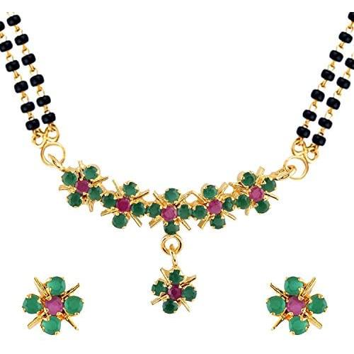 Efulgenz Indian Bollywood Traditional Gold Plated Ruby Emerald/Color CZ Stone Mangalsutra Pendant Necklace Jewelry with Chain for Women