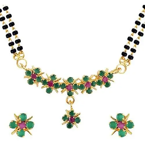 Efulgenz Indian Bollywood Traditional Gold Plated Ruby Emerald/Color CZ Stone Mangalsutra Pendant Necklace Jewelry with Chain for Women