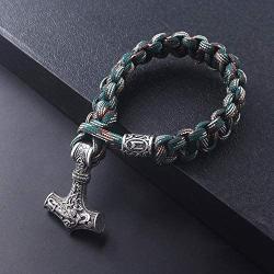 SONGCHANGJEWELRY Viking Braided Bracelets - Thor Hammer Viking Gifts for Men with Amulet Rune Knot Scandinavian Rope Bangles, Handmade Umbrella String Bracelet