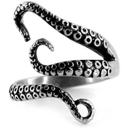 Weelovee 316L Titanium Steel Punk Antique Octopus Ring for Mens Women Adjustable Size Design Jewelry Set Unisex Silver