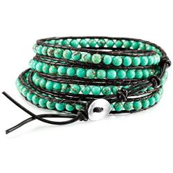 MOWOM Alloy Genuine Leather Bracelet Bangle Cuff Rope for Women Boys Kids Gemstone Beads Braided 1 Wraps & 2 Wraps Stone Adjustable Handmade Jewelry Gift