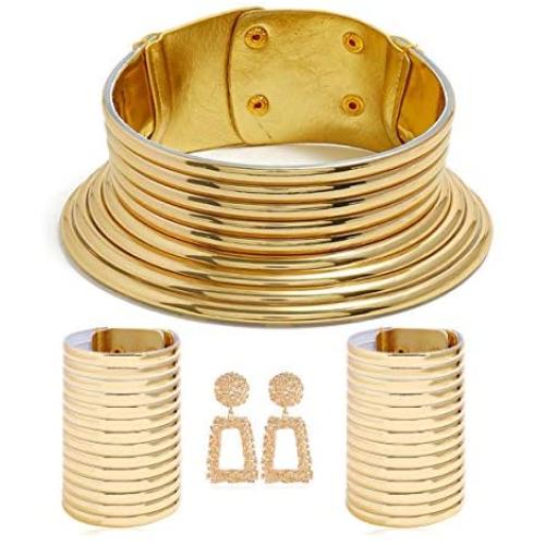 Fld 4pcs African Vintage Statement Choker Resin Snap Necklaces Bangle Jewelry Women Long Neck Collar Wide Leather Bracelet Stud Earring Sets