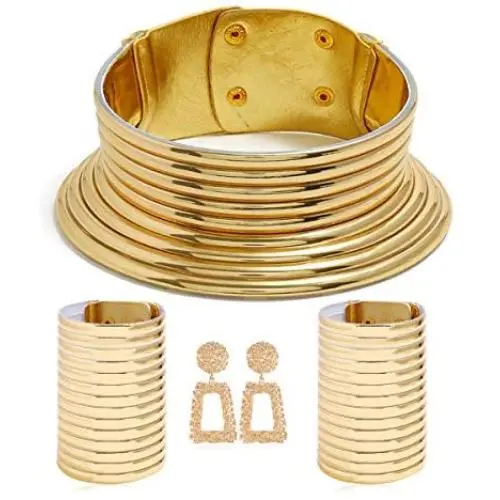 Fld 4pcs African Vintage Statement Choker Resin Snap Necklaces Bangle Jewelry Women Long Neck Collar Wide Leather Bracelet Stud Earring Sets