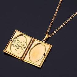 U7 Muslim Allah Necklace, Men Women Platinum / 18K Gold Plated Link Chain Rectangle Photo Locket Pendant, with Free Engraving Service