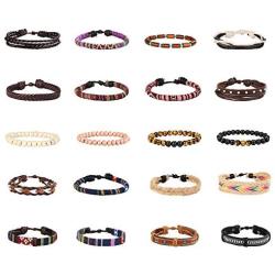Finrezio 15-20 Pcs Braided Bracelet Set Women Men Beads Leather Wristbands Boho Ethnic Tribal Linen Hemp Cords Wrap Bracelets String Handmade Jewelry