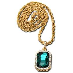 14K Gold Plate Iced Out Hip Hop Emerald Green Gem Jewelry Bling Bling Pendant Necklace for Men 30 Inches Chain Included