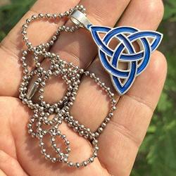 Celt Celtic Jewelry Blue Triquetra Trinity Knot Norse Viking Pagan Magic Wicca Wiccan Witch Protection Amulet Pewter Mens Womens Pendant Necklace Charm for men women w Silver Ball chain