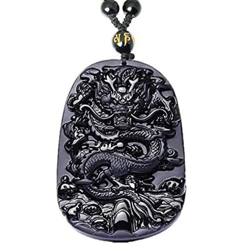 Natural Black Obsidian Dragon Necklace Healing Crystal Gemstone Necklaces Carved Stone Pendant Amulet Charm for Men or Women