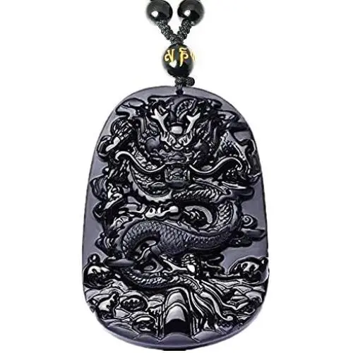 Natural Black Obsidian Dragon Necklace Healing Crystal Gemstone Necklaces Carved Stone Pendant Amulet Charm for Men or Women Natural Black Obsidian Dragon Necklace Healing Crystal Gemstone Necklaces Carved Stone Pendant Amulet Charm for Men or Women