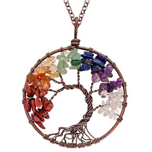 E-clickstore Tree of Life Seven Chakra Pendant Amethyst Rose Quartz Healing Crystal Necklace Gemstone Chakra Jewelry with 7 chakra in Copper Wire