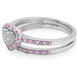 Dazzlingrock Collection Round Pink Sapphire & White Diamond Ladies Heart Shaped Bridal Engagement Ring Set, Sterling Silver