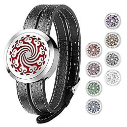 Essential Oil Diffuser Bracelet Stainless Steel Aromatherapy Locket Bracelets Leather Band with 8 Color Pads,Birthday Gift for Women Girls Mom