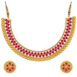 Aheli Ethnic Wedding Party Wear Gold Tone Faux Stone Studded Necklace with Stud Earrings Set Indian Bollywood Fashion Jewelry for Women