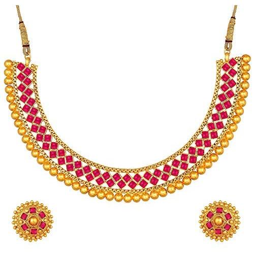 Aheli Ethnic Wedding Party Wear Gold Tone Faux Stone Studded Necklace with Stud Earrings Set Indian Bollywood Fashion Jewelry for Women