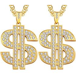 2 Pieces Gold/Silver Plated Chain for Men with Dollar Sign Pendant Necklace, Hip Hop Dollar Necklace