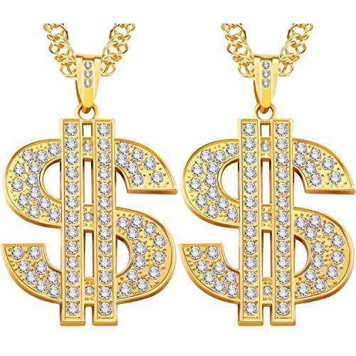 2 Pieces Gold/Silver Plated Chain for Men with Dollar Sign Pendant Necklace, Hip Hop Dollar Necklace